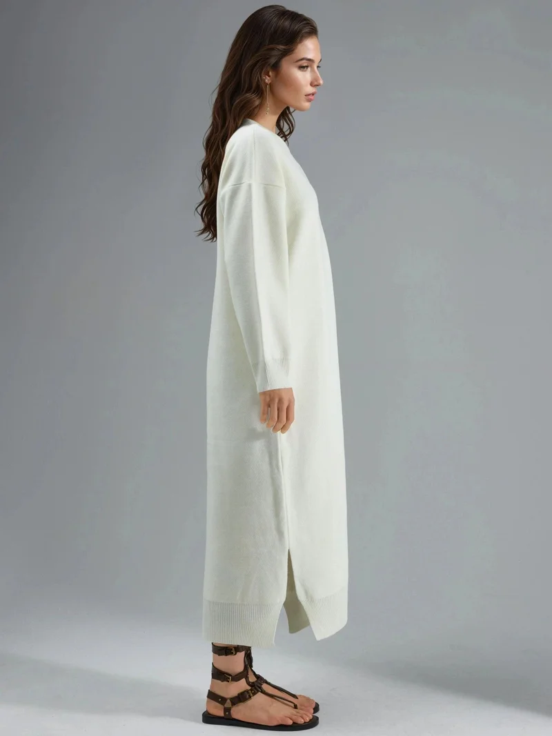 MY FASHION Dusty White MY FASHION Textured Ribbed Long Knit Dress with Slit Detail for Women | Best Price UAE